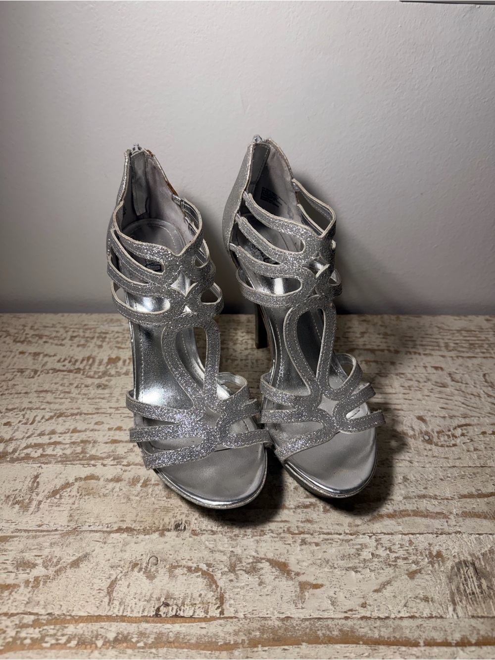 Silver Glitter Strappy High Heel Sandals
